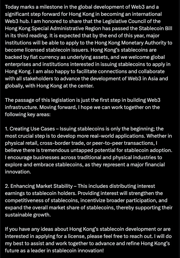 Hong Kong Approves Stablecoin Bill, Licensing to Start by Year-End